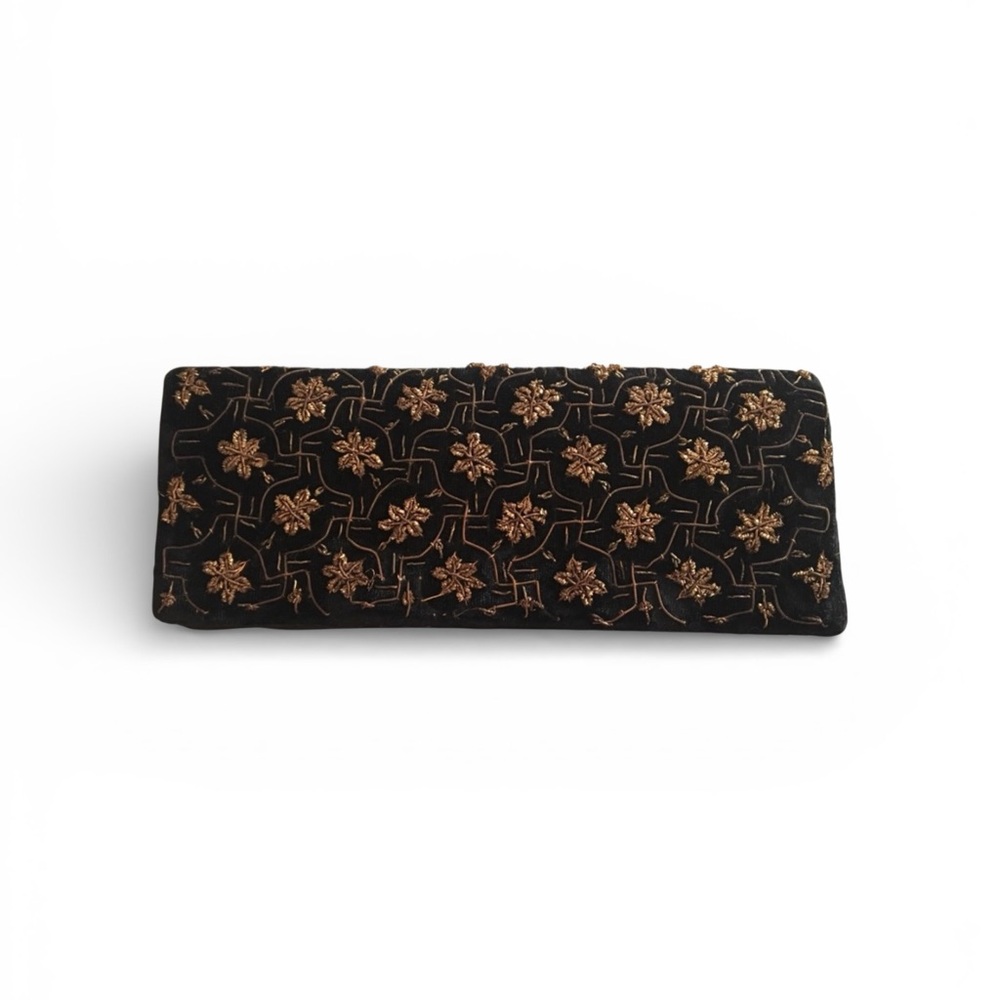 Vintage Black & Gold Floral Beaded Clutch Evening Bag 90s